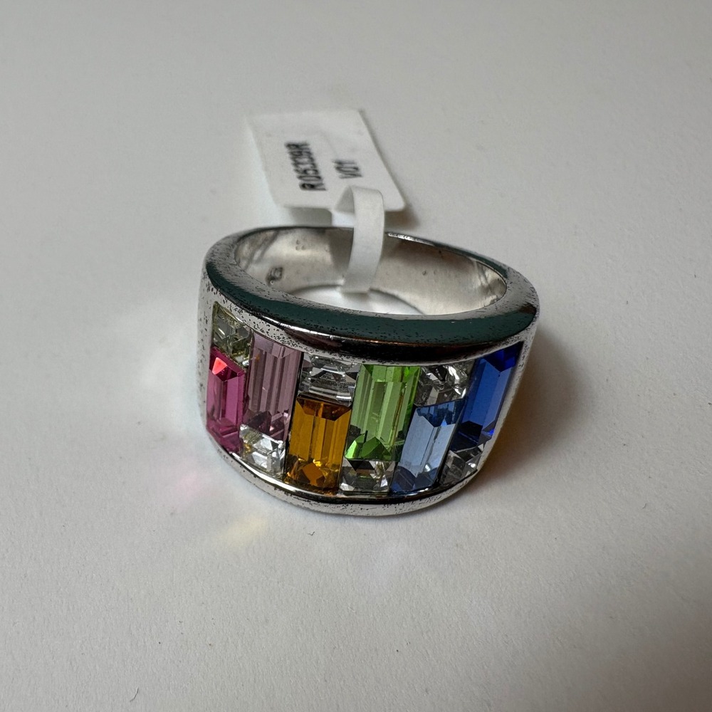 Rainbow Crystal Wide‎ Band Ring Silver Tone Baguette Statement Size 6